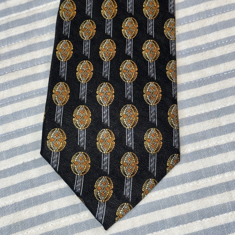Ferrentino Ferre 100% Silk Tie Made In Italy Black Gold Geometric Luxury Necktie